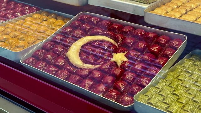 Colorful display of traditional Turkish baklava pastries arranged in trays, featuring a crescent moon and star design, in a bakery window showcasing various sweet treats