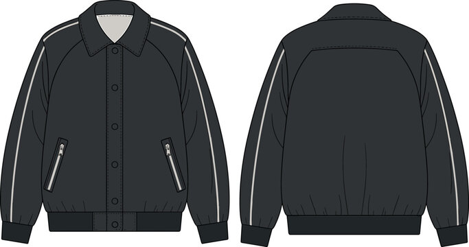 Vector technical flat sketch of a black bomber varsity jacket with raglan sleeves and ribbed trim, streetwear fashion design mockup for apparel tech packsArt & Illustration