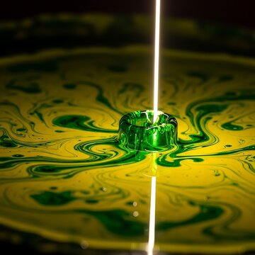 Bright Laser Beam Passing Through Green Glass Ring on Swirling Liquid Surface