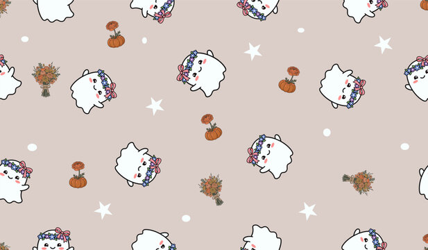 cute ghost, flower and pumpkin pattern background for Halloween Wrapping Paper