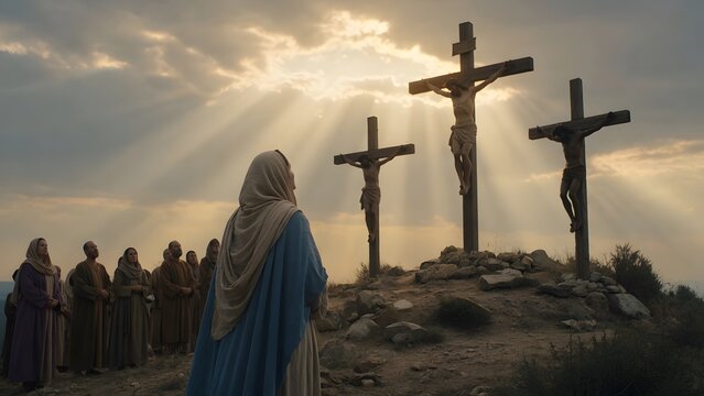 Subject: The image depicts Jesus being crucified between two thieves on Golgotha while the Virgin Mary remains steadfast in unwavering hope beneath the central cross, Environment: sacred hill with a q