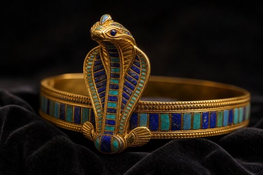 Detailed golden cobra crown with turquoise inlays resting on black velvet.