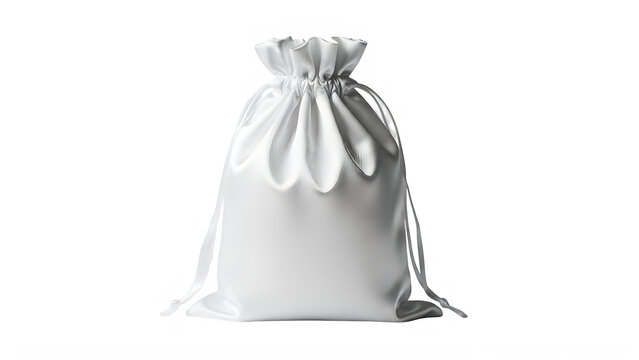Simple beige fabric drawstring bag hanging isolated on transparent background