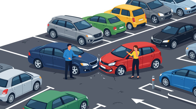 Car accident in parking lot, two drivers discussing collision damage