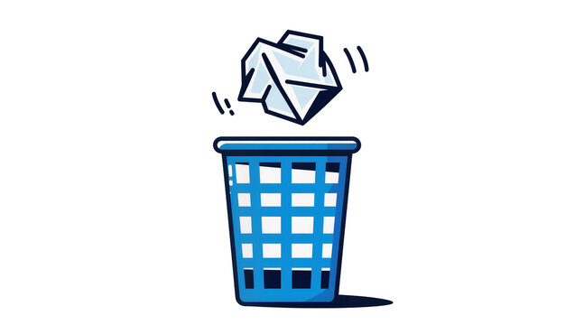 Isolated crumpled paper document being tossed into a blue waste basket clean vector graphic