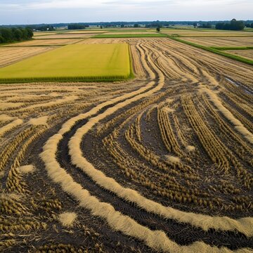 Golden Harvested Rice Field with Curved Straw Rows in Rural Farmland