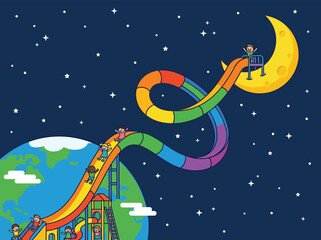 Children playing on a rainbow slide connecting the moon and the earth.
