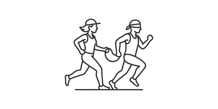 Line art illustration of a visually impaired person running with a sighted guide.