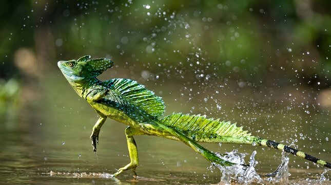 Green Basilisk Lizard Running on Water Surface.