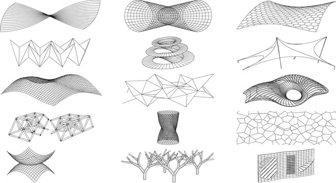 Parametric architecture concepts set featuring geometric wireframe shapes structural meshes and modern canopy designs