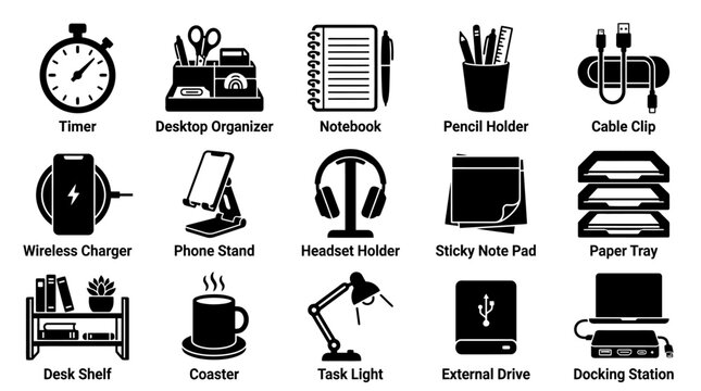Collection of Office and Desk Accessory Icons for Productivity