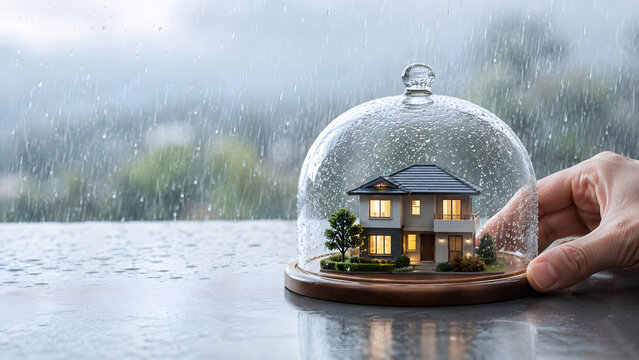Home insurance concept with miniature house under glass dome, real estate protection during heavy rain, property security and coverage