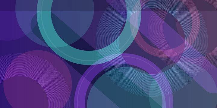 Elegant geometric composition with intersecting circles and thin concentric lines in layered purple teal and pink color tones.