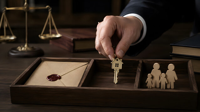Family inheritance law concept with lawyer hand holding house key, wooden figures and sealed envelope in notary office