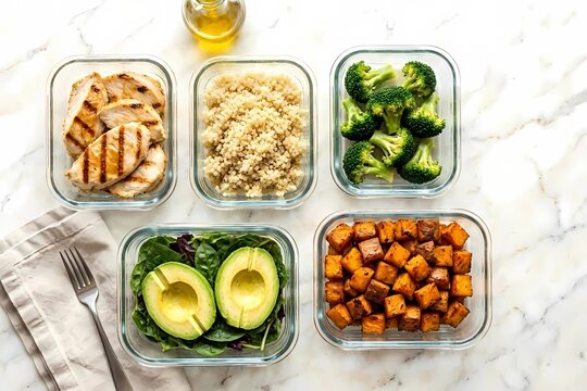 contenedores de vidrio con comida saludable organizada sobre encimera de m&aacute;rmol