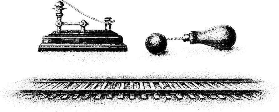 Telegraph key and morse code above railroad tracks in black and white stipple engraving for historical background and banner design