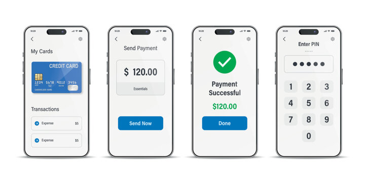 Vector 3d Mobile Payment App, Front View. Digital Wallet Screens with Credit Card, Send Payment, PIN Code, Successful Transaction. Online Banking, Finance, Fintech, Cashless Payment Design