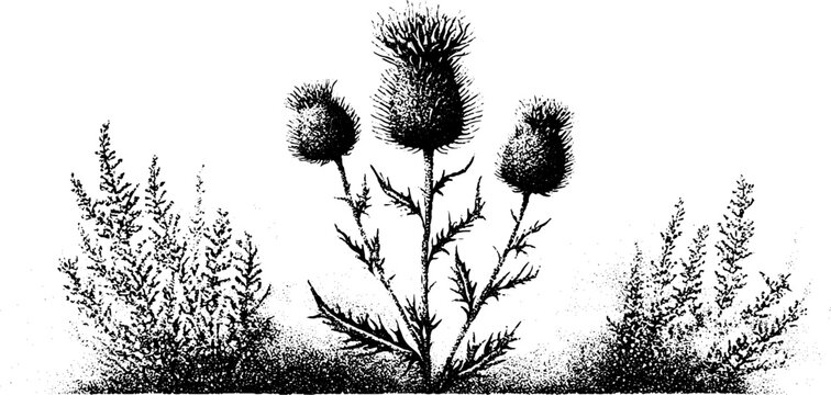 Black and white stippled single thistle with heather moorland for vintage botanical background and nature design