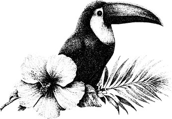 Fototapeta premium Detailed black and white stipple toucan with hibiscus and palm frond for botanical design element or tattoo flash