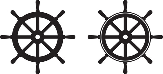 Set of two vintage ship steering wheels in black silhouette vector style for nautical maritime decoration yachting sport logo design and ocean sailing lifestyle graphic element. © Somina