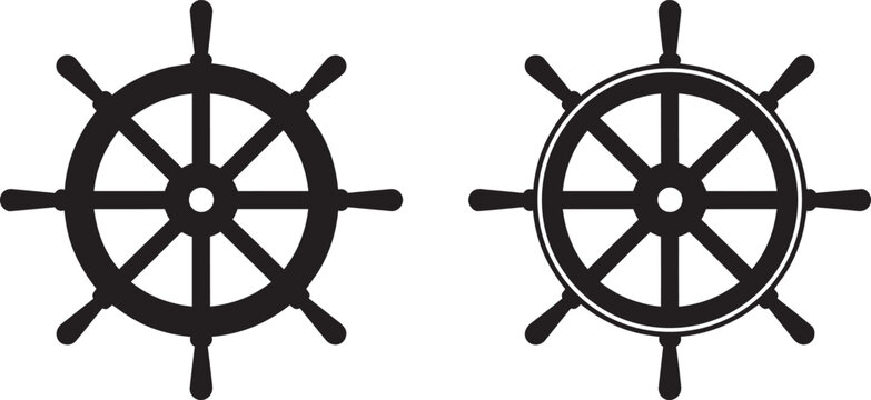 Set of two vintage ship steering wheels in black silhouette vector style for nautical maritime decoration yachting sport logo design and ocean sailing lifestyle graphic element.