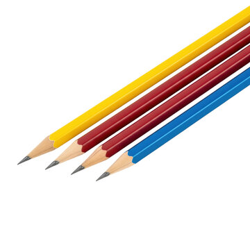 Three professional metal pencils in yellow, red, and blue with graphite tips arranged diagonally on a solid white background, minimalist creative tools concept