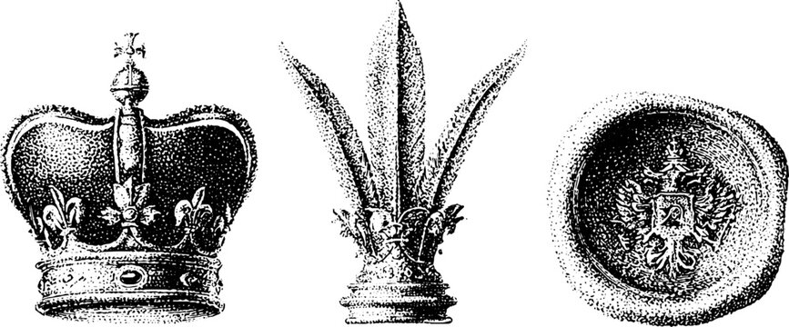Victorian crown emblem and seal collection with fleurons and laurel motifs for vintage logo and label design