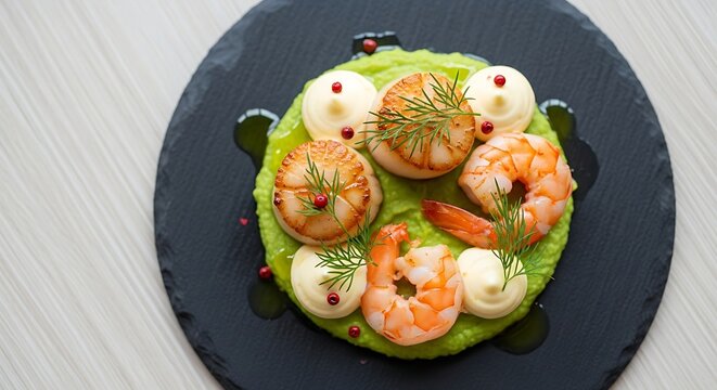 Elegant Seared Scallop and Shrimp Dish Arranged on Black Slate Plate