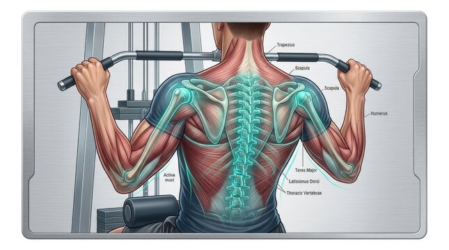 Man exercising back muscles at gym, anatomical illustration