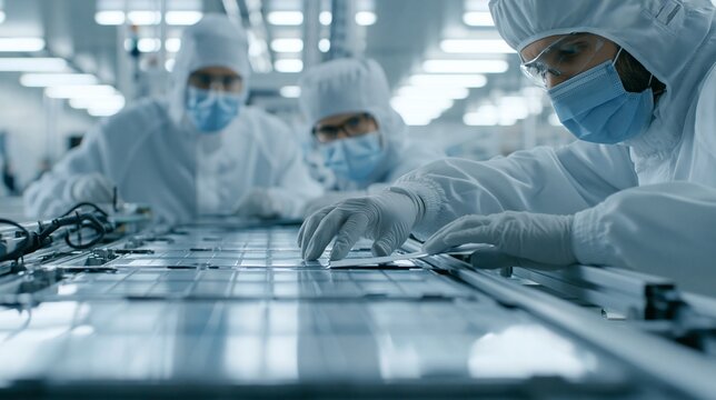 Medium shot of technicians assembling pouch cell EV battery packs in a sterile hightech cleanroom environment emphasizing precision and advanced manufacturing techniques.