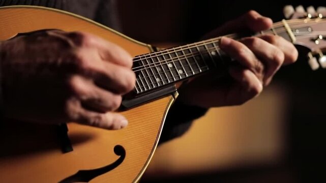 Close-up of hands playing a mandolin, intricate fingerwork on strings, warm lighting
