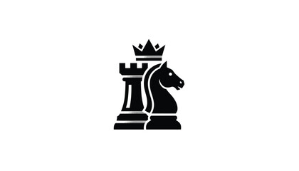 Chess Rook and Knight Pieces with Crown on Rook Featuring Board, Game, Black with Icon and Symbol Elements for Design, Vector © Ayesha