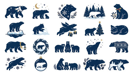 Set of Polar Bears in Various Winter Scenes and Christmas Themes © roziah