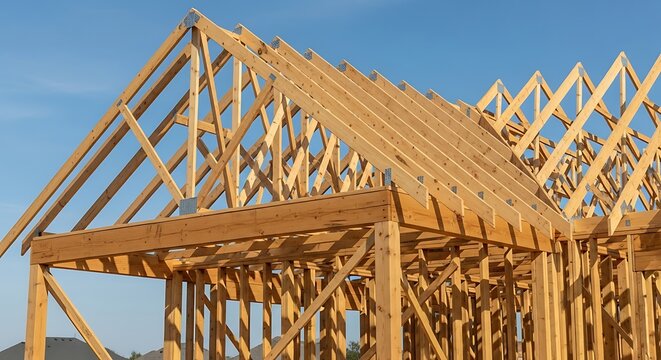 Wooden House Frame Under Construction with Roof Trusses Against Blue Sky