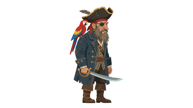 Cartoon Pirate Man with Parrot on Shoulder and Sword, Isolated