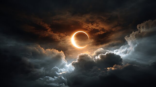Stunning annular solar eclipse glowing behind dark dramatic clouds in the night sky.