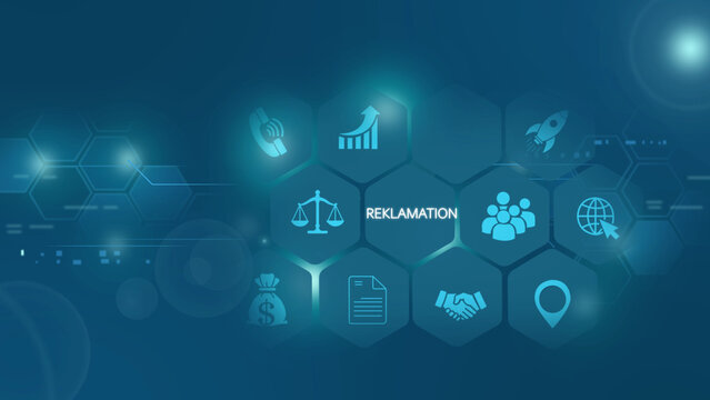 Digital business interface featuring the german word reklamation, surrounded by glowing blue hexagonal representing customer service, feedback, and corporate communication on a dark background