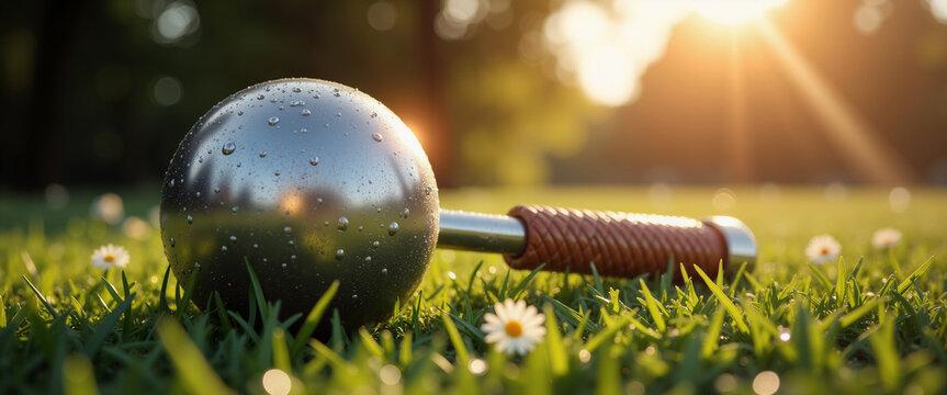 Hammer throw equipment on green grass for web