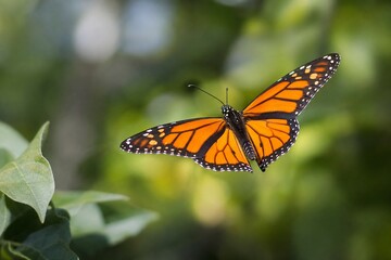 Fototapeta premium A vibrant monarch butterfly mid-flight against lush green foliage, captured in natural sunlight.