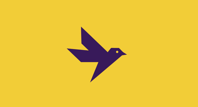 Minimalist purple bird silhouette on yellow background.