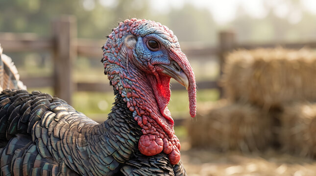 Farm turkey close up showing vibrant head details, a domestic fowl standing outdoors near hay bales