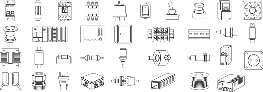 Electrical Component Icons Set Thin Line Art. Industrial Automation, Circuit Breaker, Resistor, Switch, Relay, PLC, Sensor, Cable Reel, Power Supply Vector Outline Symbols Pack
