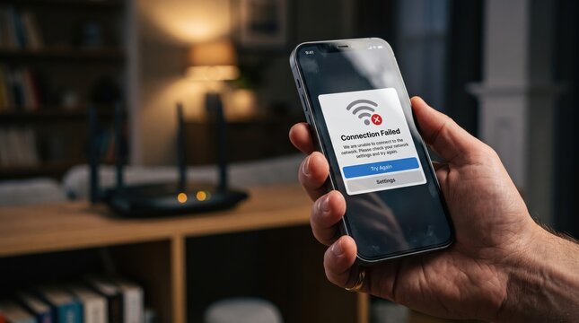 Hand holding smartphone with failed internet connection
