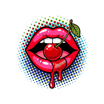 Retro pop art illustration of glossy red lips biting a sweet cherry with dripping juice against a colorful halftone background.