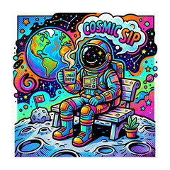 Fototapeta premium Psychedelic pop art astronaut sitting on a lunar bench drinking a cosmic sip of lunar brew coffee, with bright neon colors.