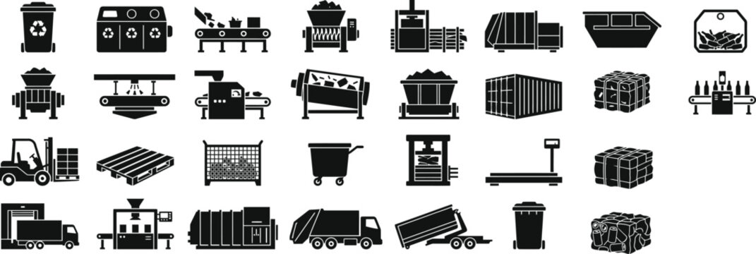 Recycling and Waste Management Icons Set Solid Glyphs. Industrial Garbage Processing, Conveyor, Trash Compactor, Forklift, Truck, Bin, Scrap Baler Vector Silhouette Symbols Pack