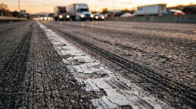 Close-up of damaged road with white line and cars in background