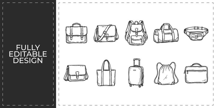Travel bags and luggage collection hand drawn doodle icons featuring backpacks and suitcases for tourism agency and international holiday trip planning