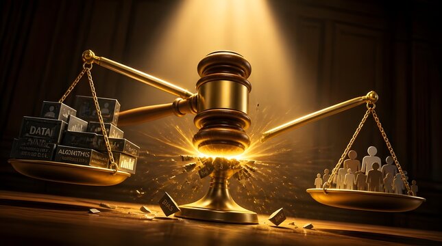 Justice Scales Balancing Data and Algorithms Against Human Figures, Symbolizing Algorithmic Bias and Fair Judgment in a Courtroom Setting