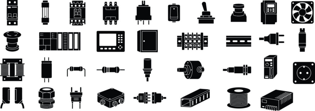 Electrical Component Icons Set Solid Glyphs. Industrial Automation, Circuit Breaker, Resistor, Switch, Relay, PLC, Sensor, Cable Reel, Power Supply Vector Symbols Pack